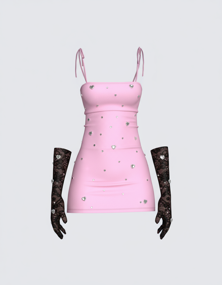 Embellished Mini Dress with Lace Gloves