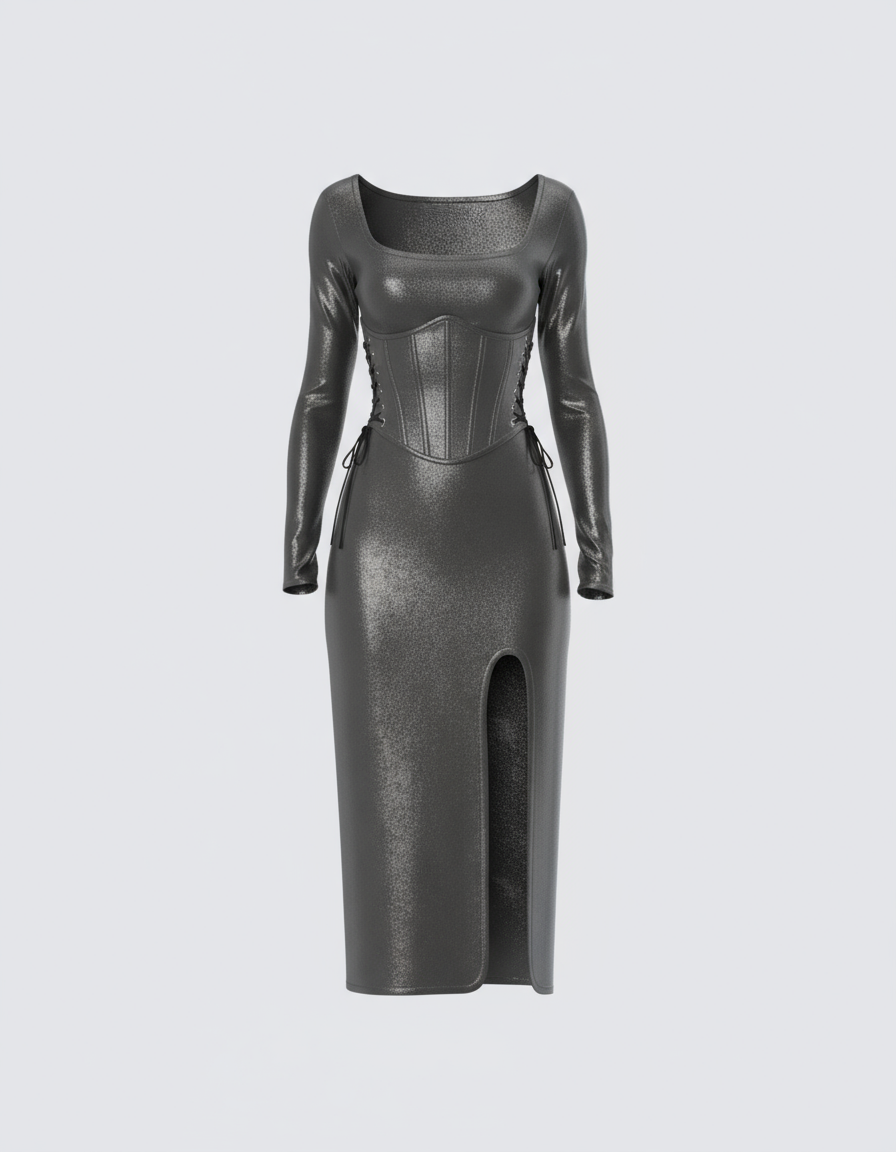 Structured Corset Metallic Midi Dress