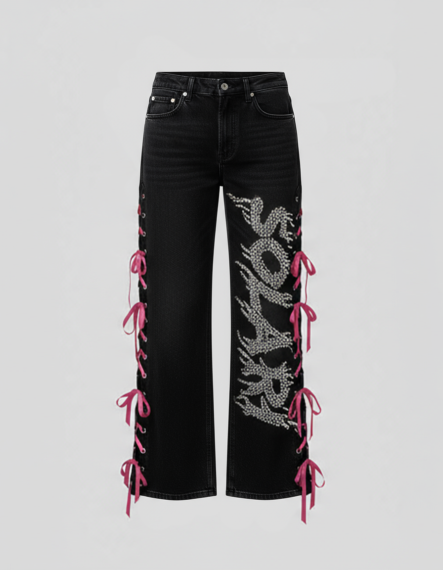 Embellished Logo & Ribbon Laced Wide Leg Jeans
