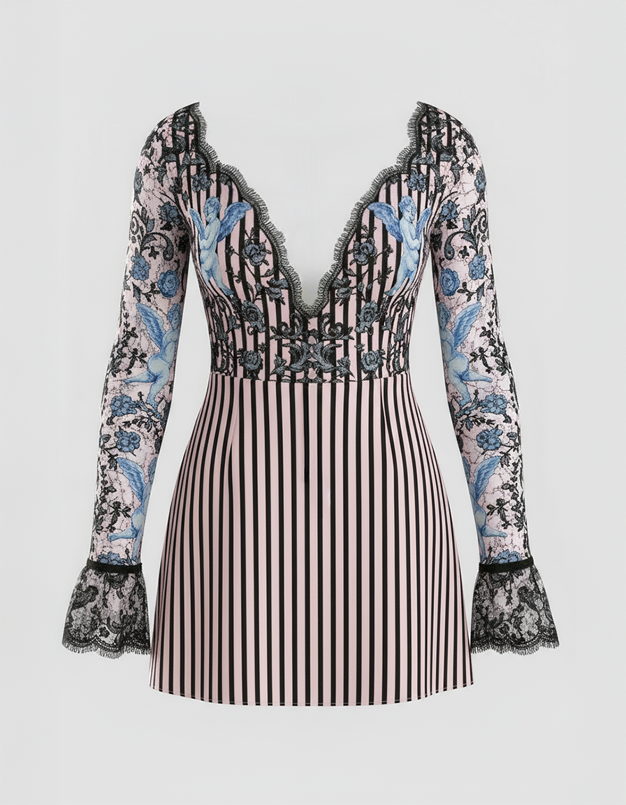 Silk Striped Mini Dress with Cherub Lace Sleeves