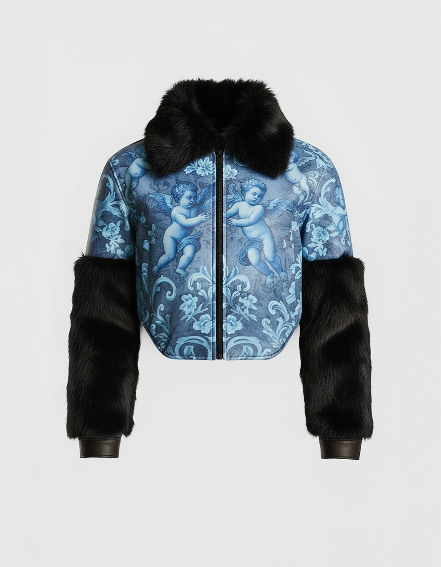 Cherub Print Leather Jacket with Fur