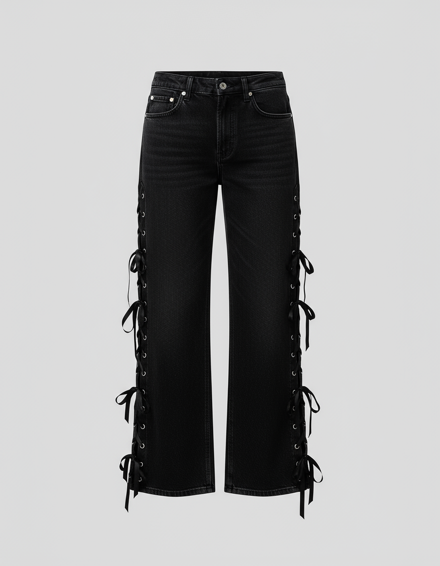 Ribbon Laced Wide Leg Jeans